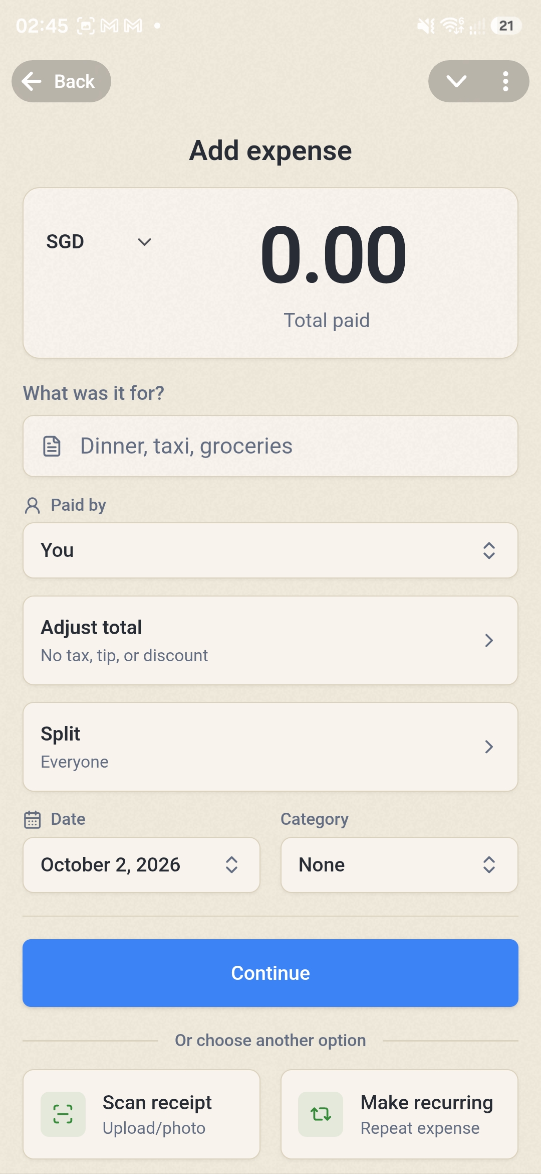 The current CoconutSplit form for adding an expense