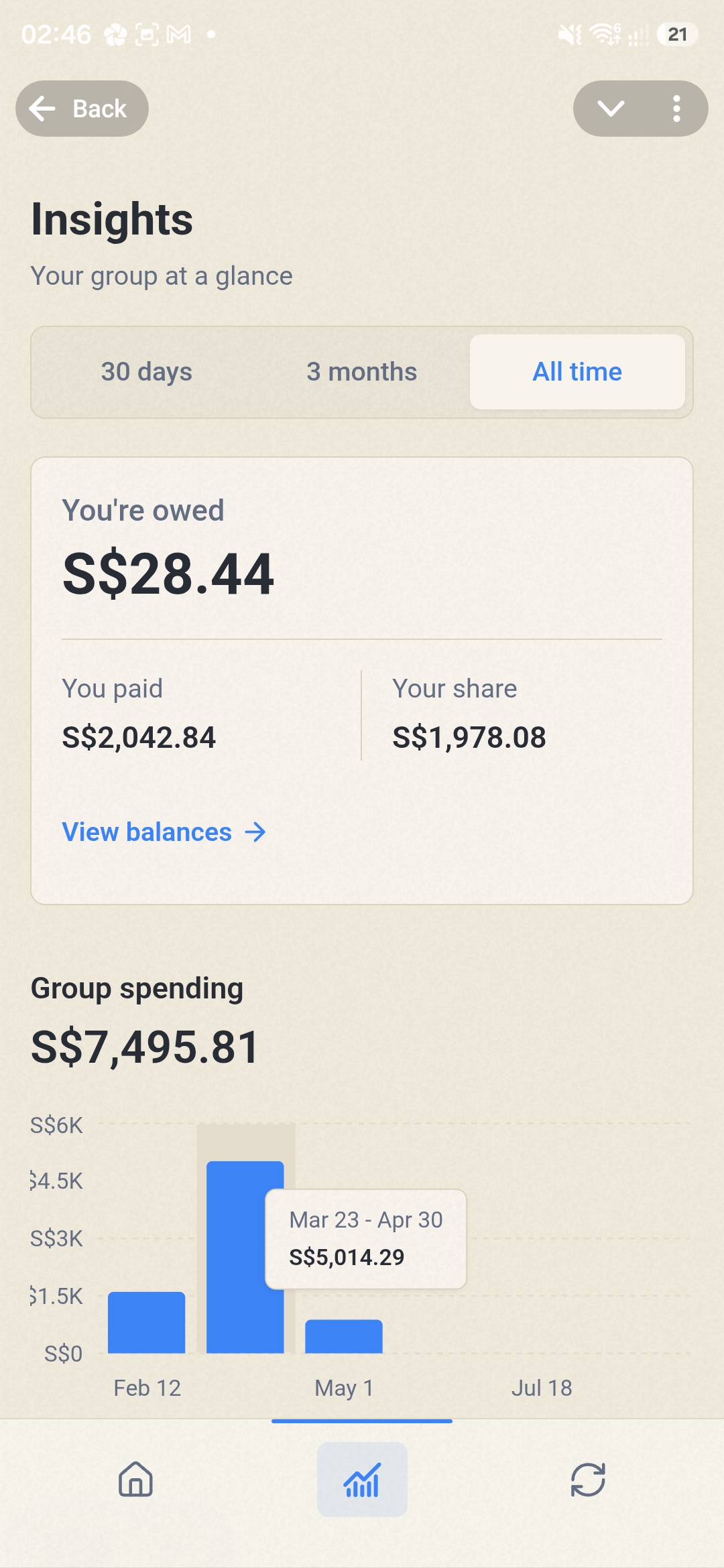 CoconutSplit Insights showing personal balances and group spending over time