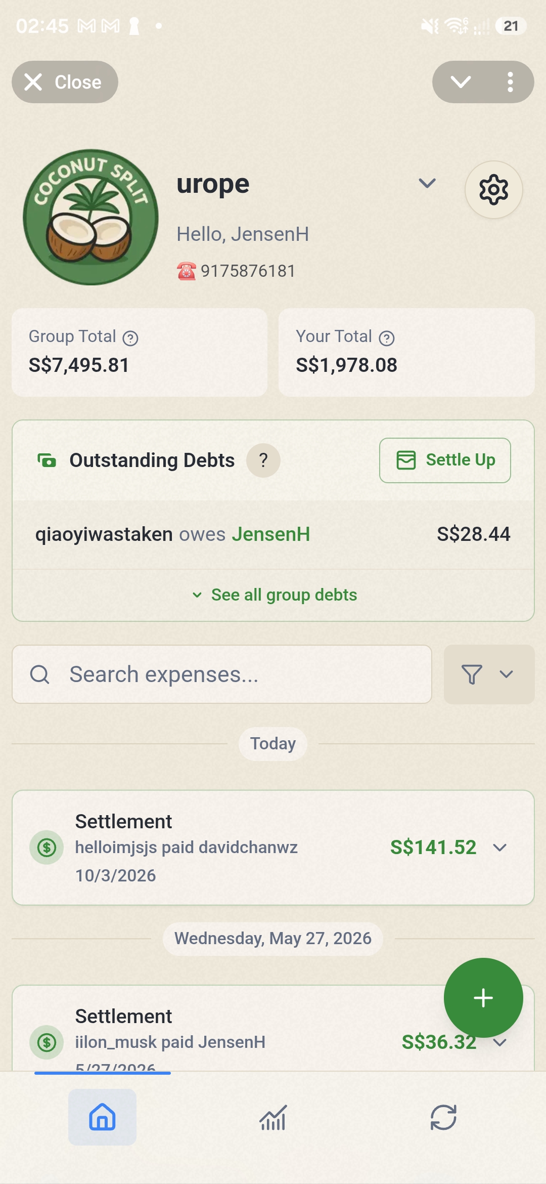 The current CoconutSplit group overview showing totals, outstanding debts, and settlements